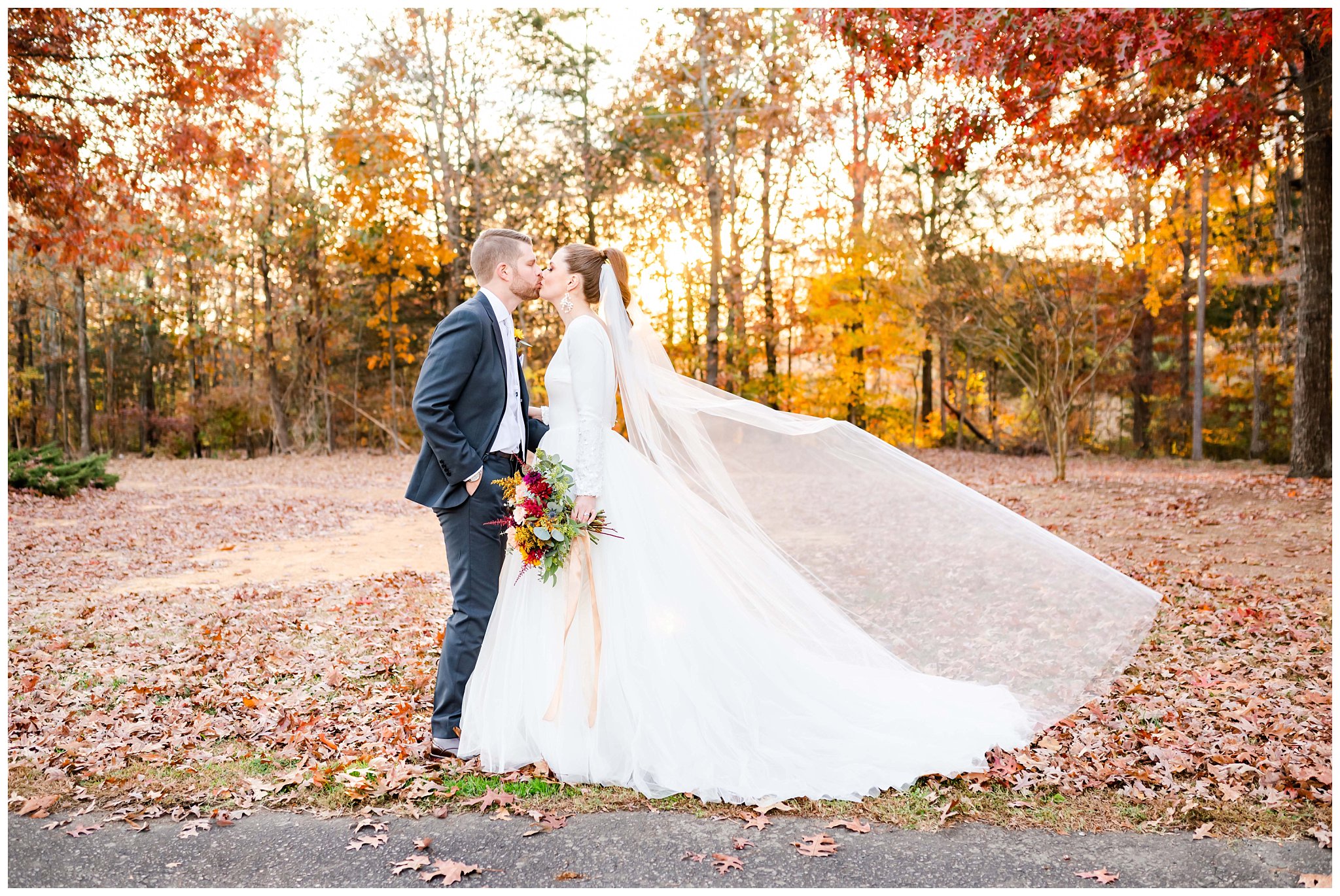 fall sunset bride and groom