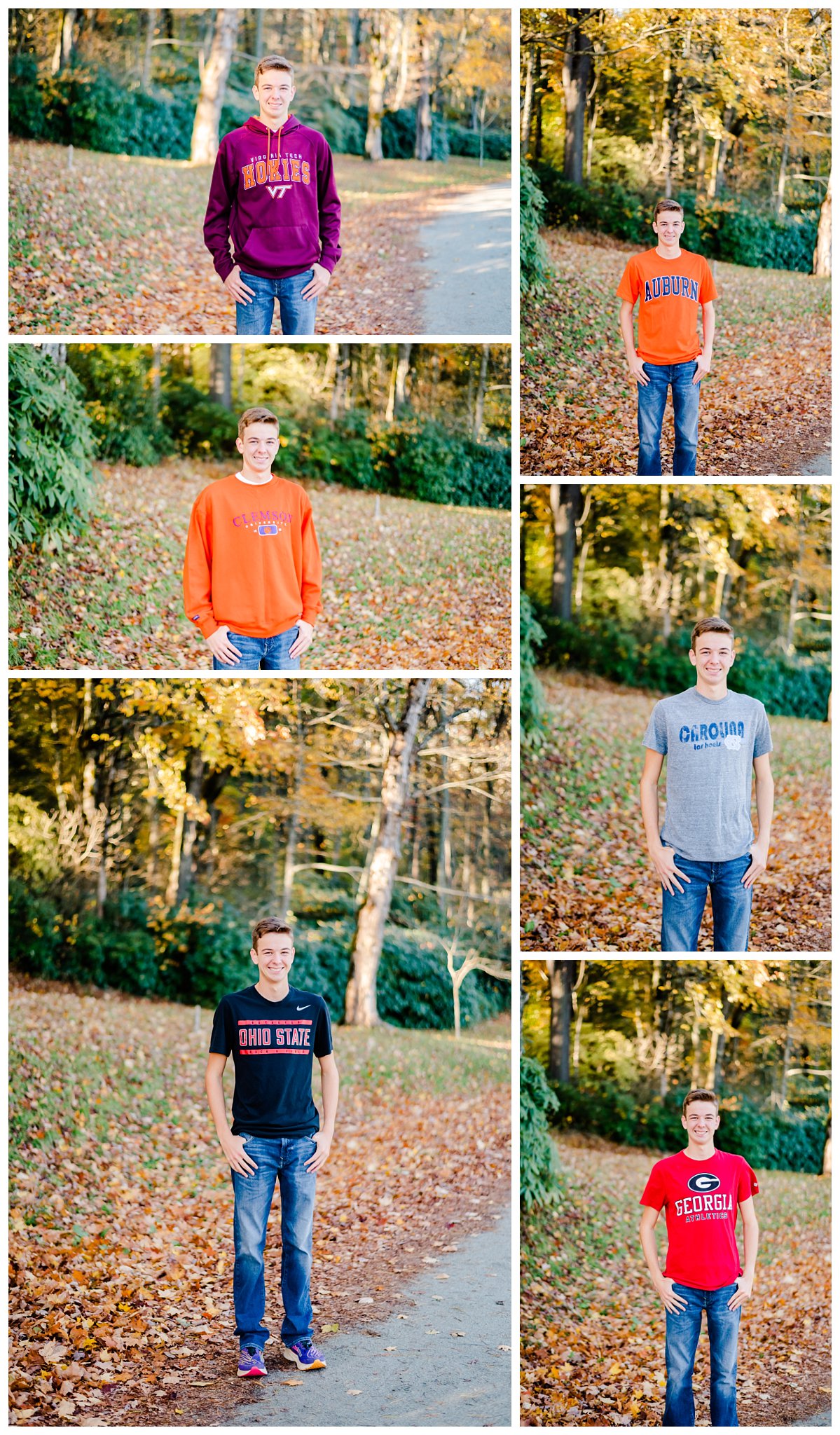 senior portrait in blowing rock nc with college shirts