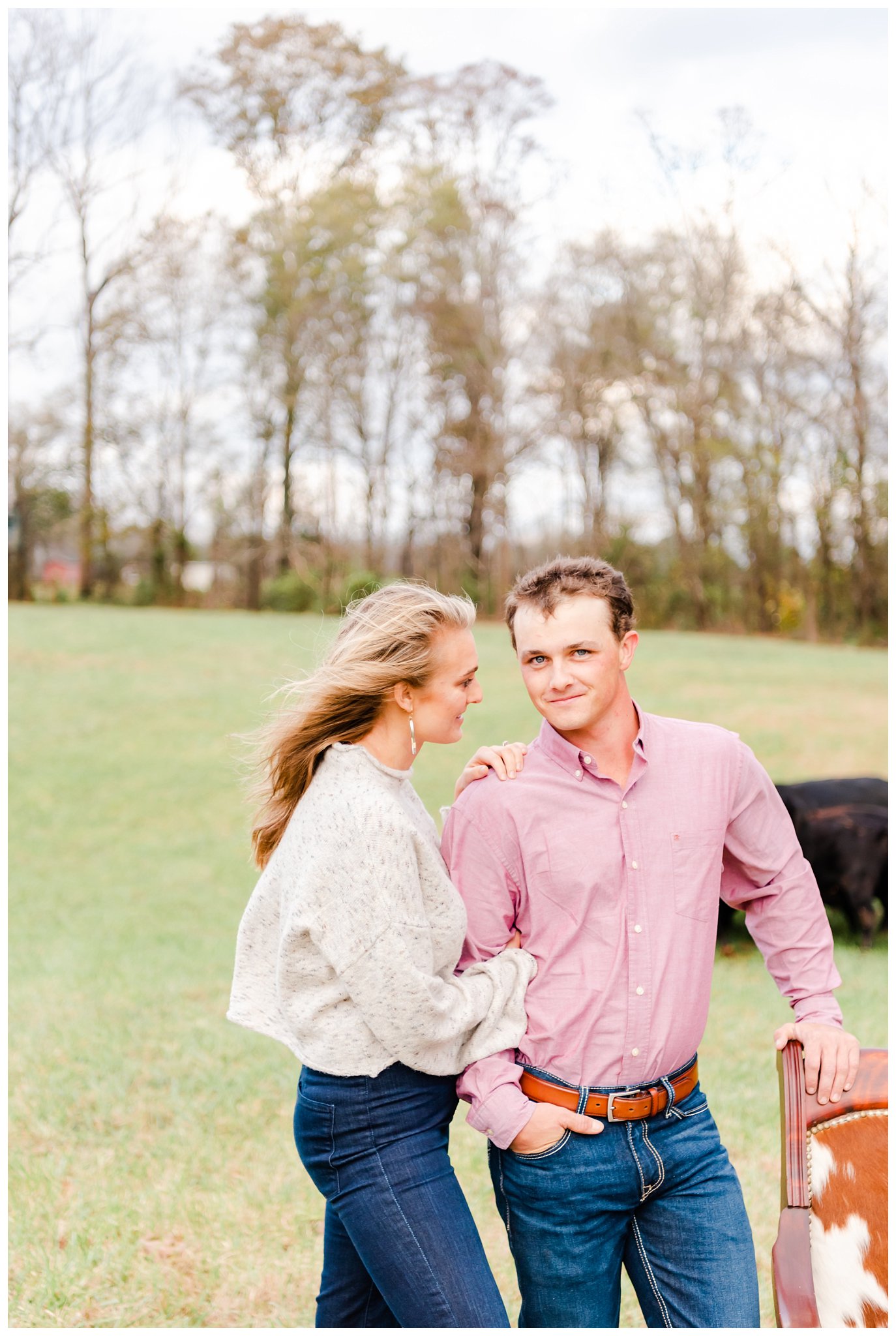 couple in a cattle field for their engagement photos