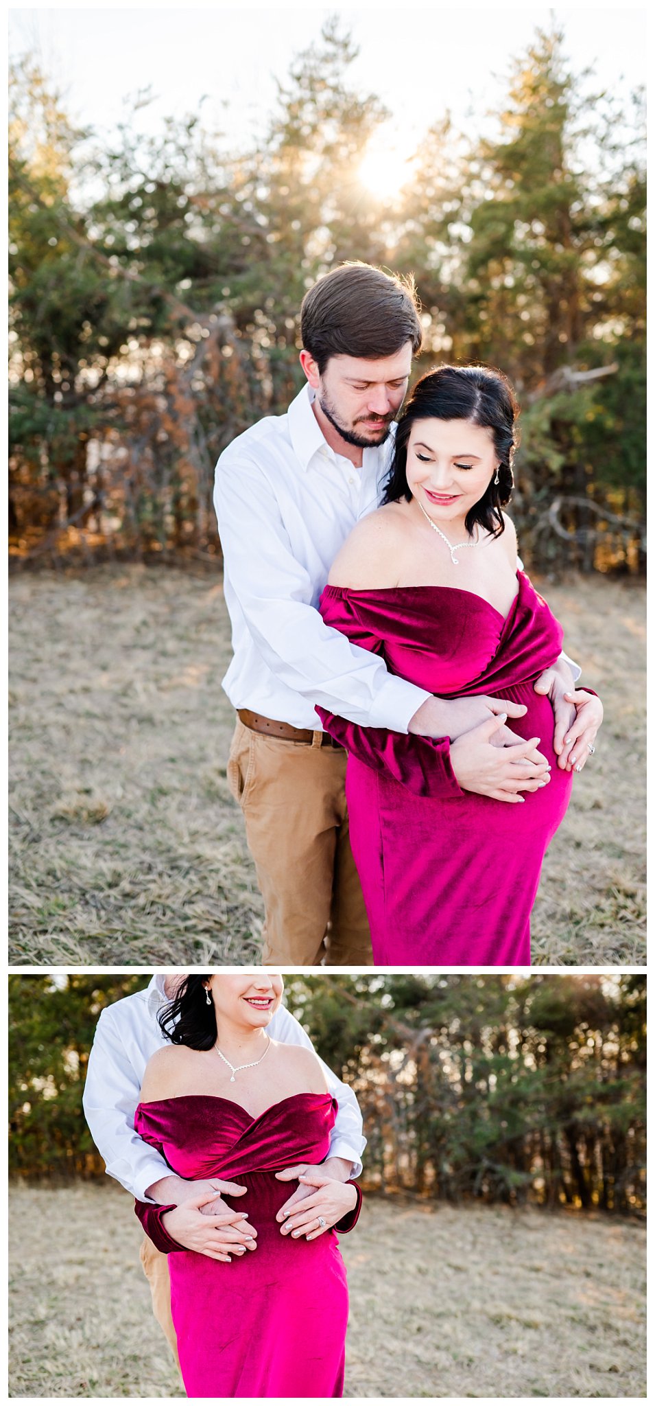 couple poses for their maternity session in snowy mountain field with sun shining behind them