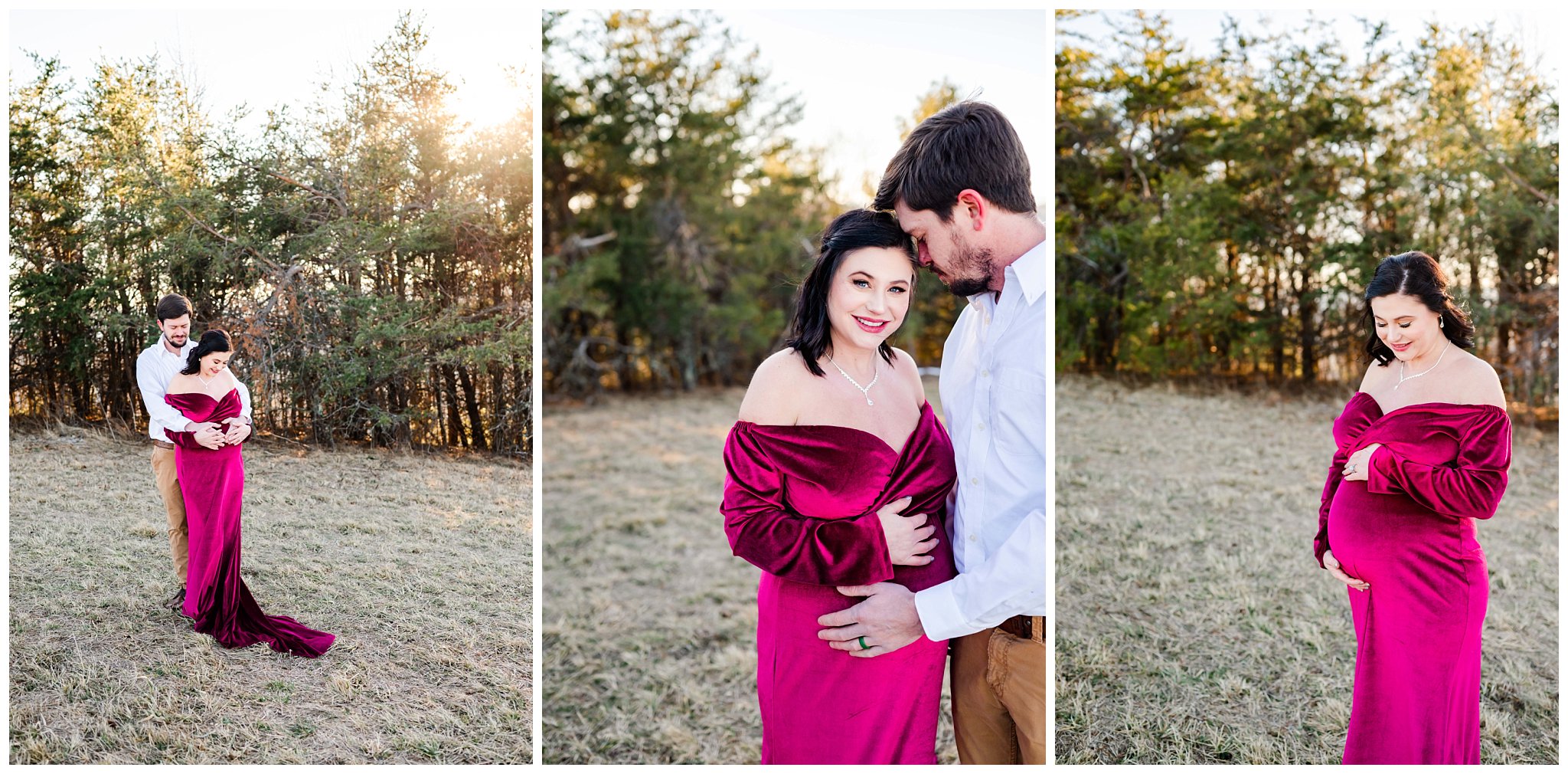 couple poses for their maternity session in snowy mountain field with sun shining behind them