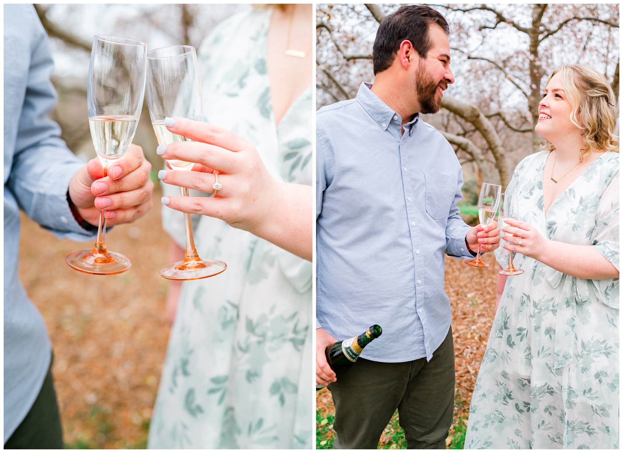 couple clinking their champagne glasses during their Winston Salem engagement session