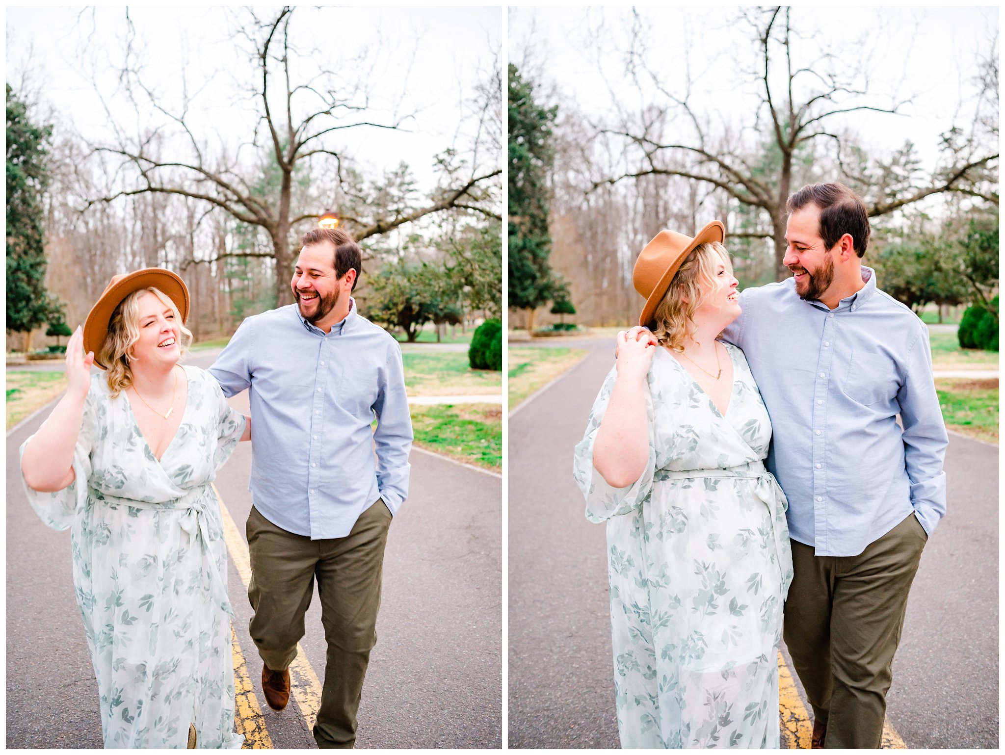 couple laughing and walking during their engagement session