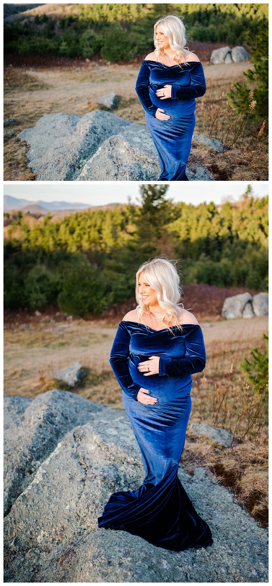 mom posing in blue velvet dress for mountain maternity session