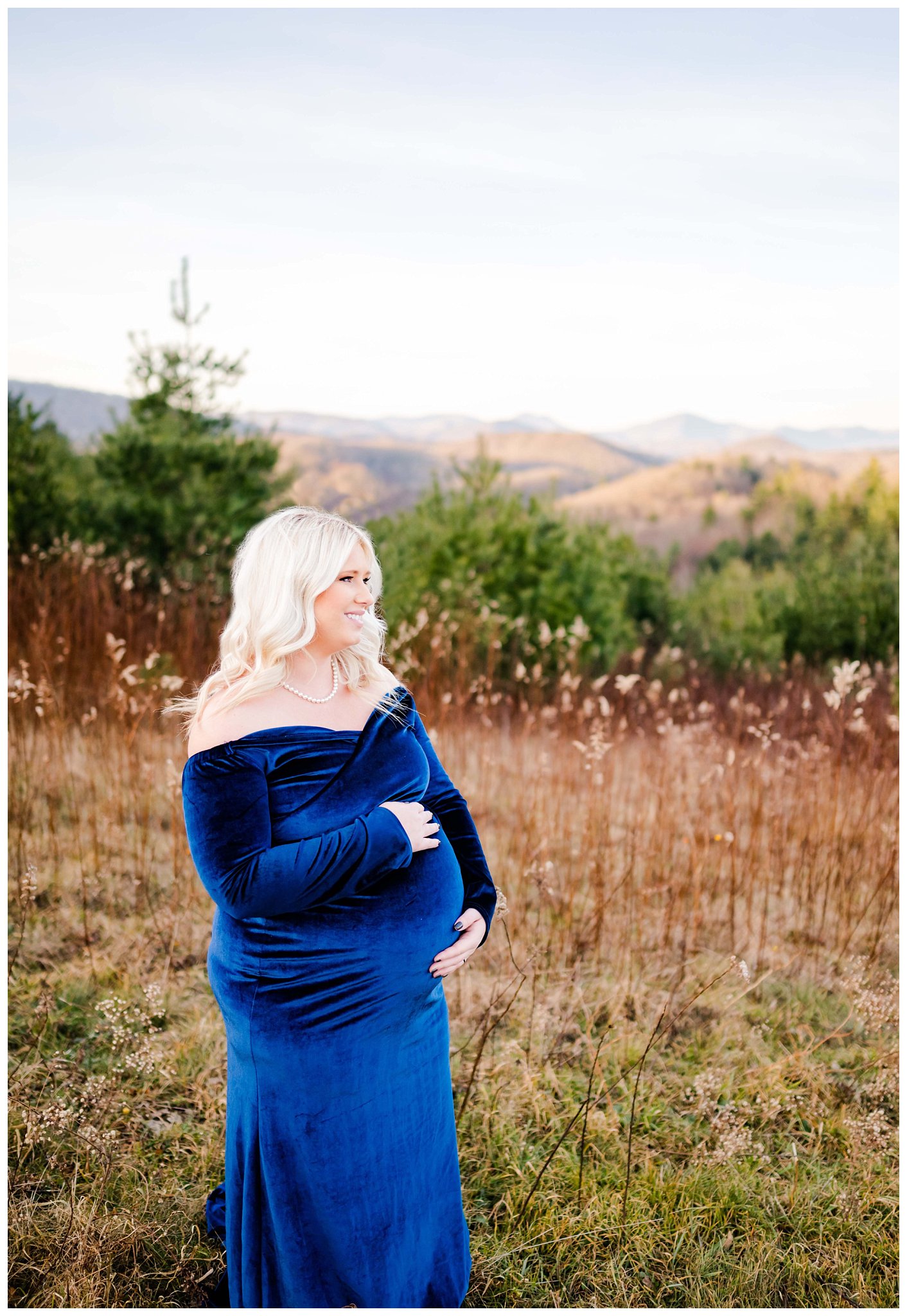 maternity session in the blue ridge mountains with mom in blue dress