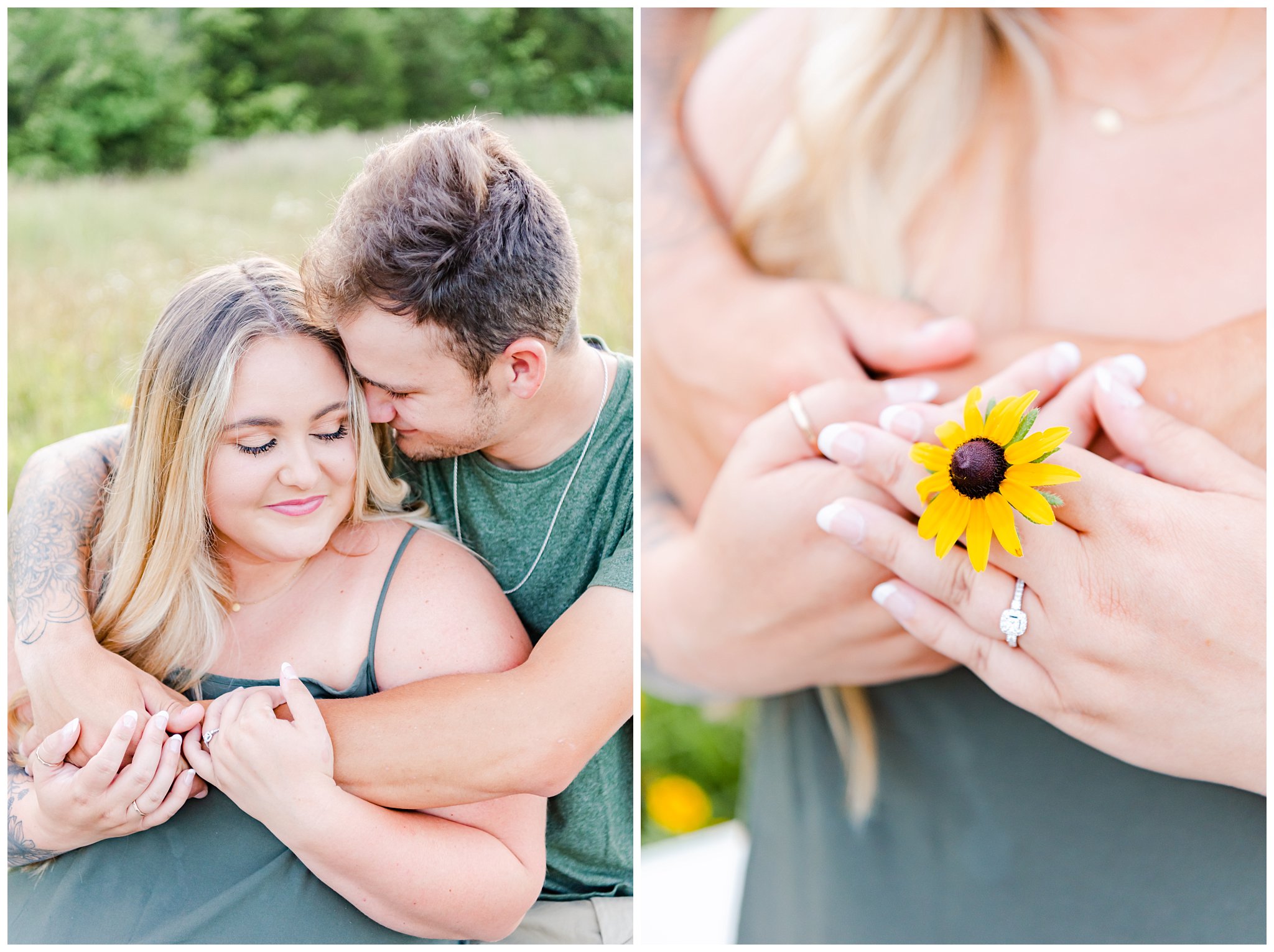 couple in sunflower field for summer engagement session