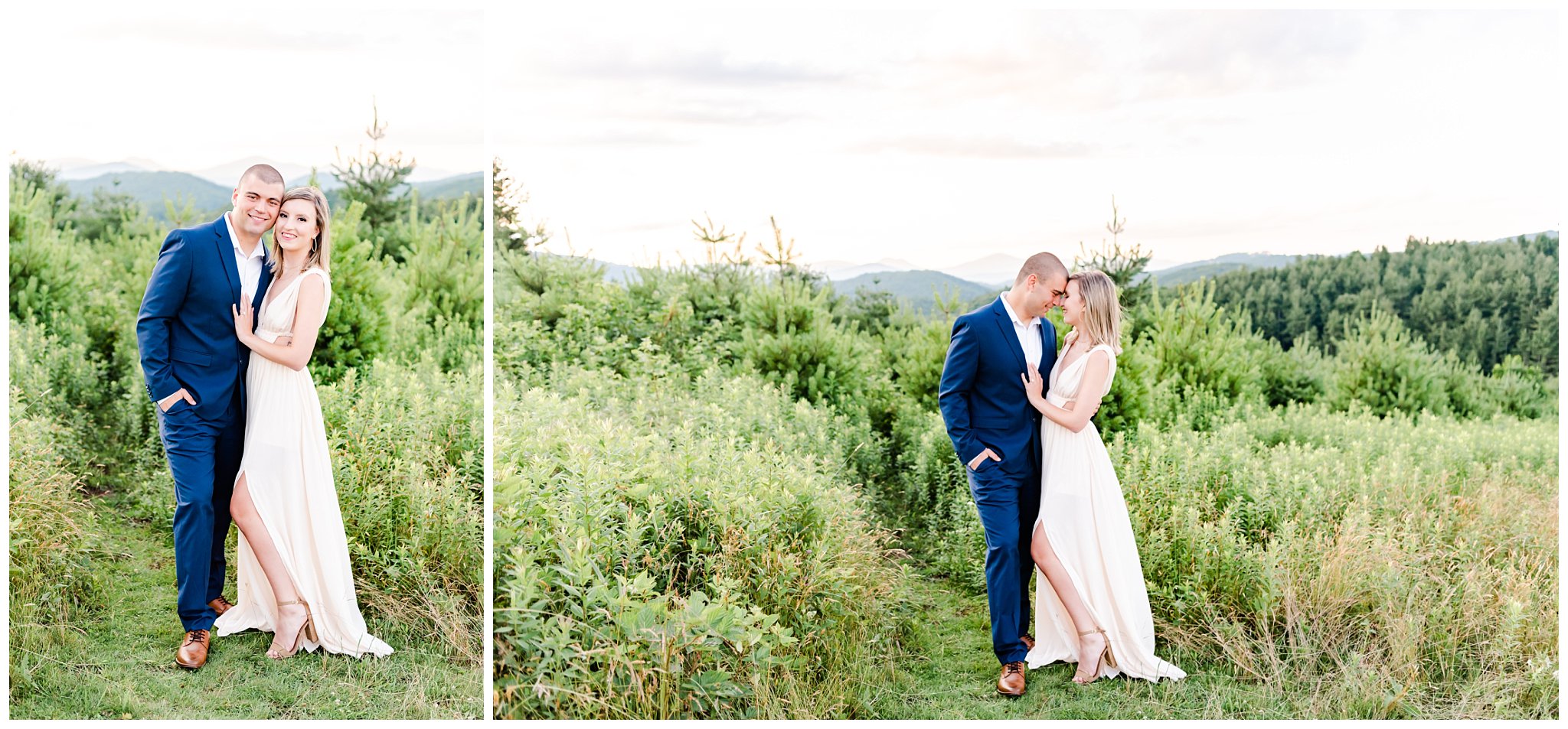 couple poses for their anniversary session with the blue ridge mountains behind them
