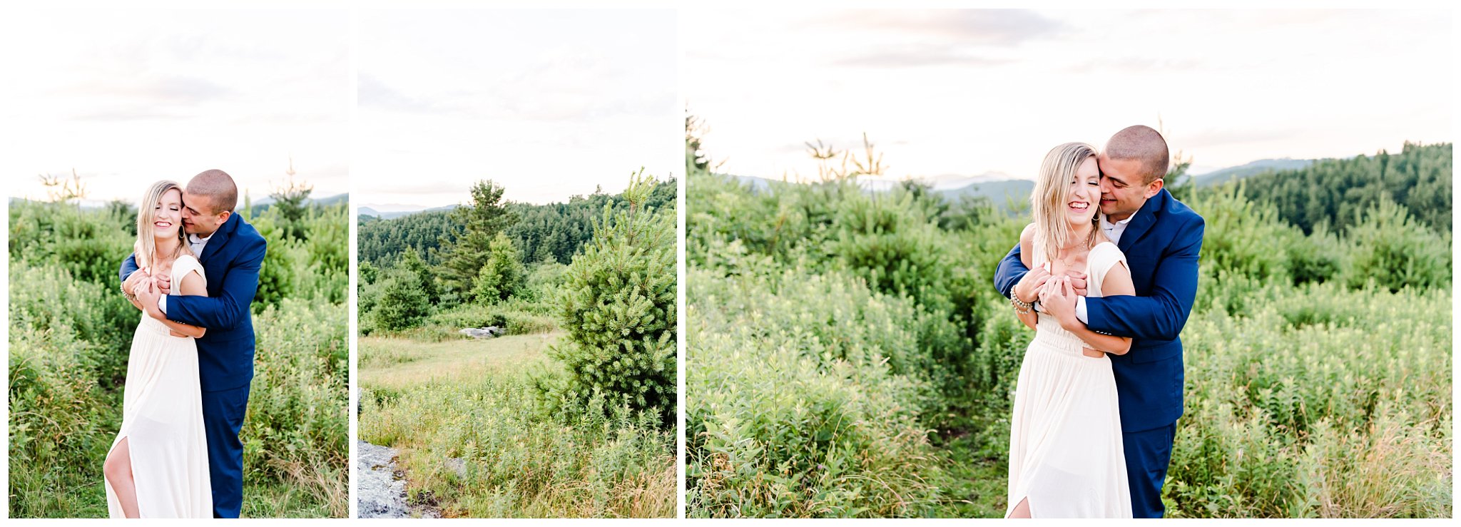 couple poses for their anniversary session with the blue ridge mountains behind them