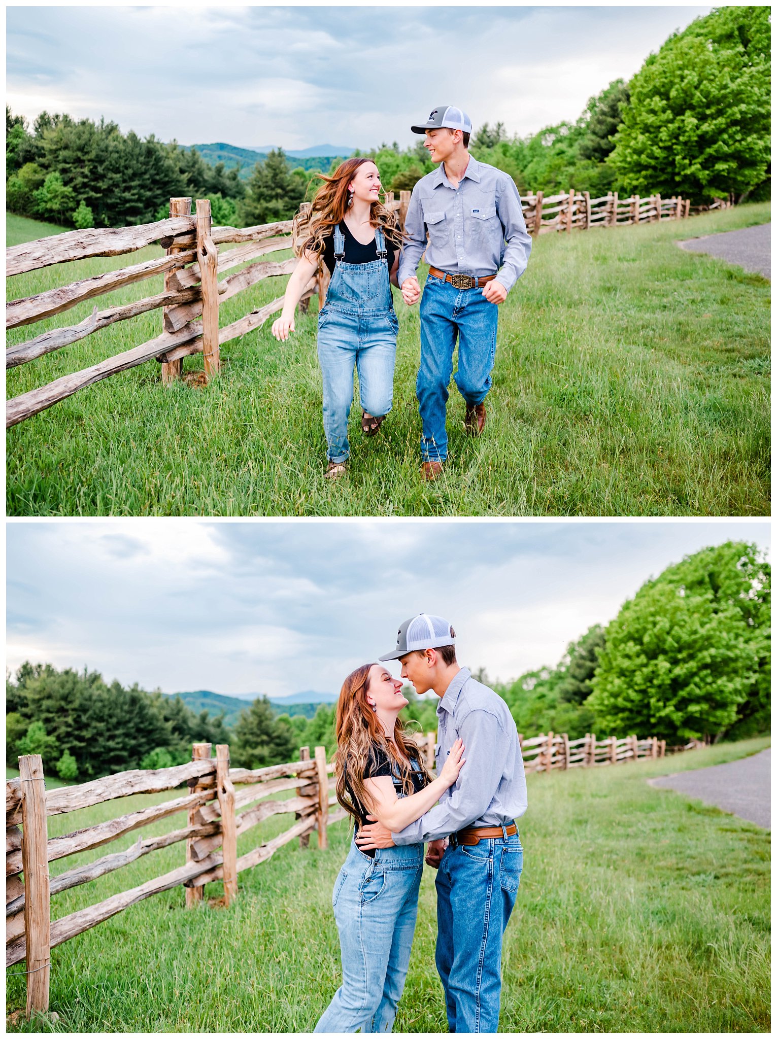 Couple poses for engagement session on Blue Ridge Parkway for their mountain top engagement