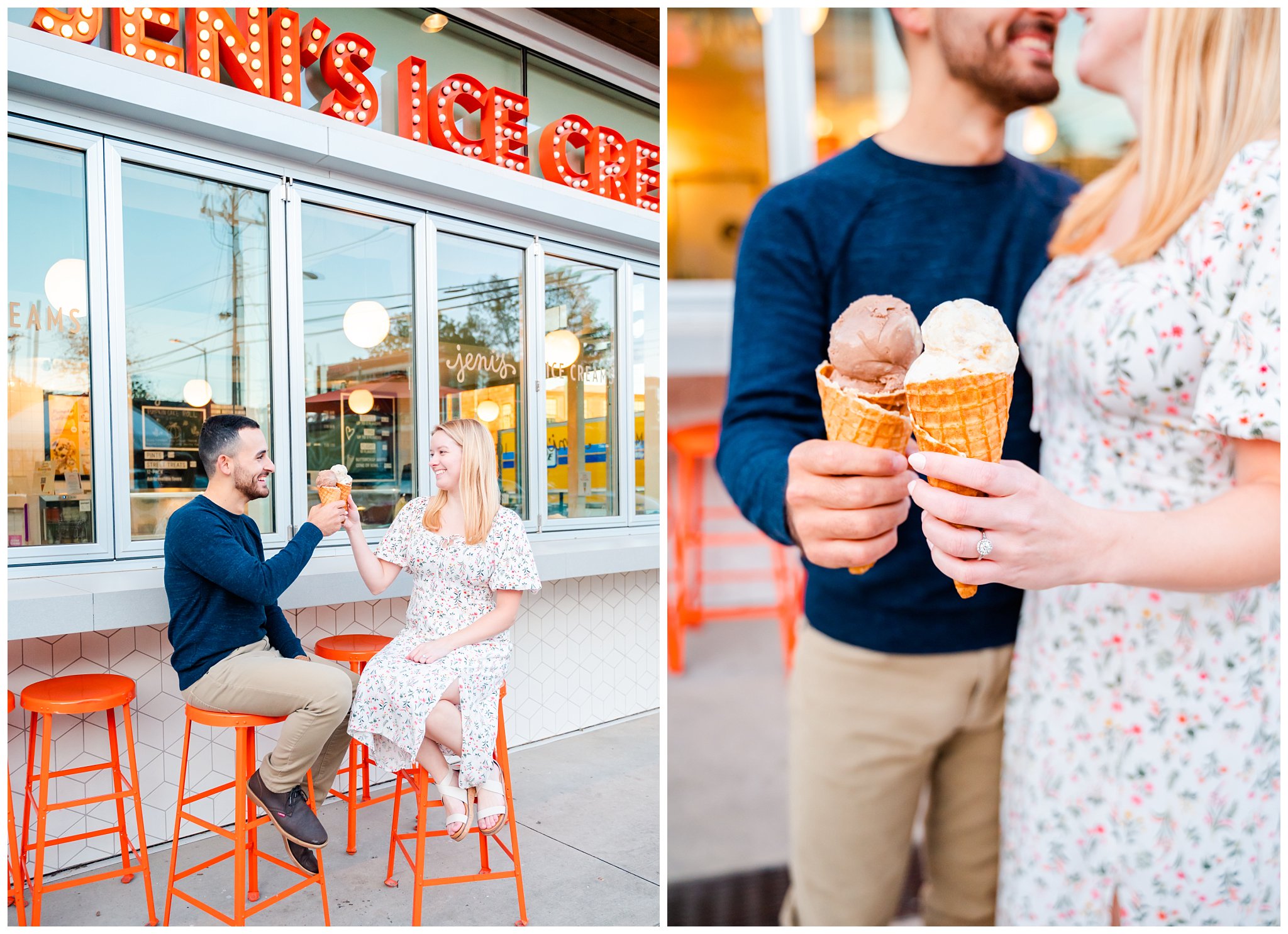 couple eats Jeni's ice cream for their engagement photos