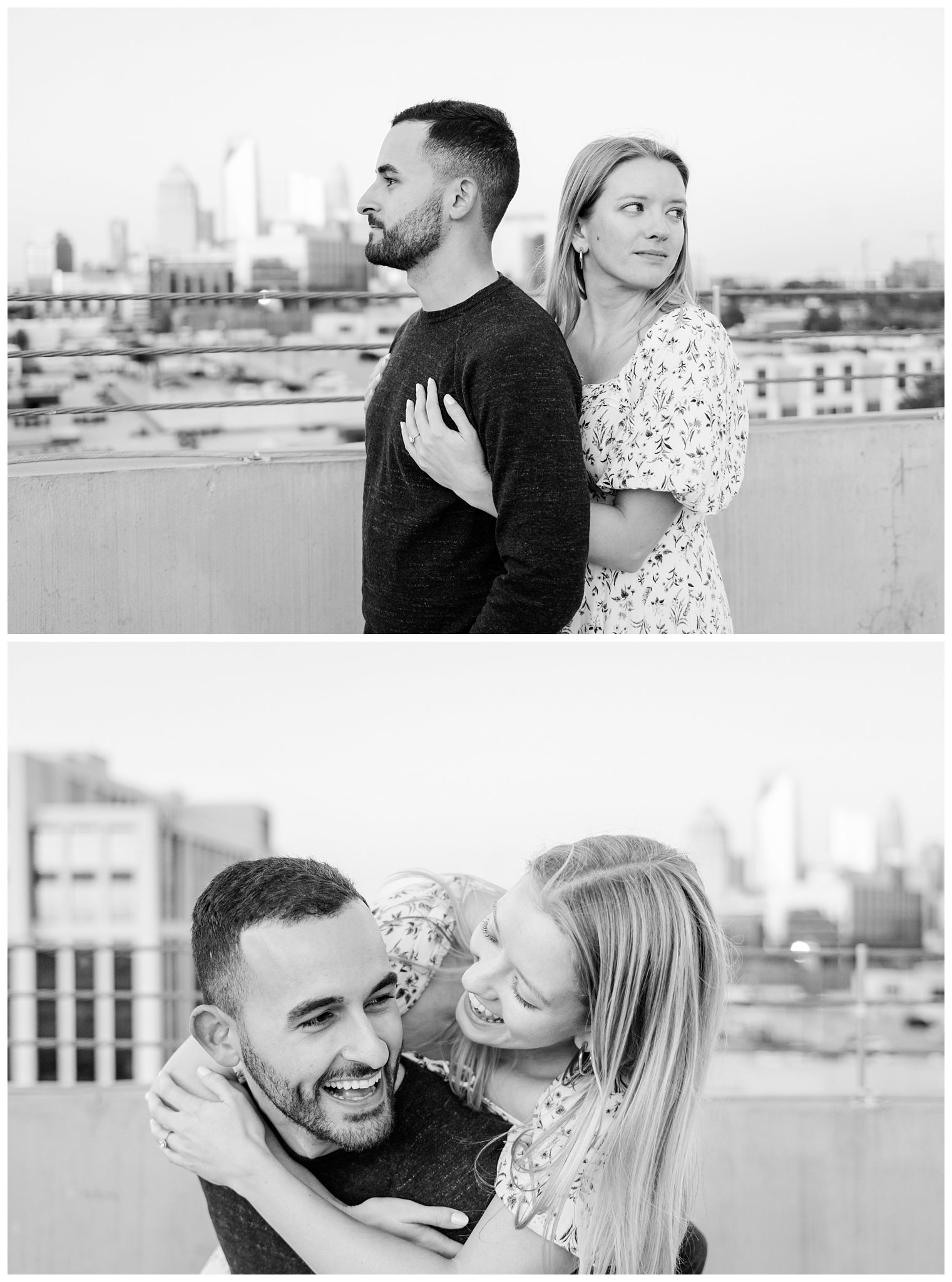 black and white downtown Charlotte engagement session