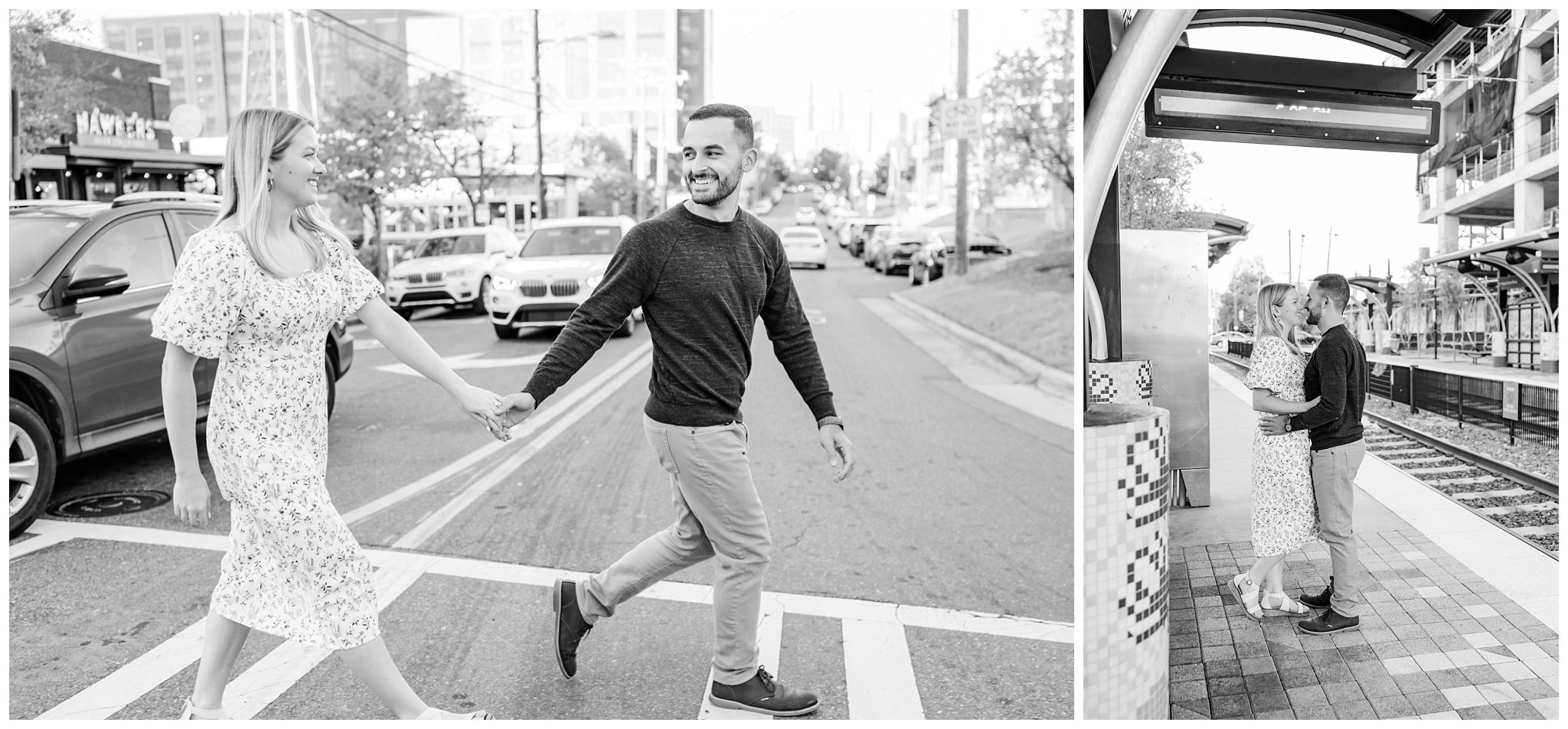 black and white photos of couple's downtown Charlotte enagement session