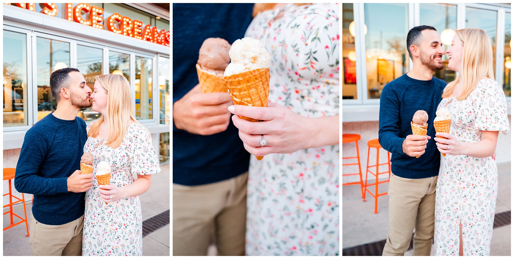 couple eats Jeni's ice cream during their Charlotte engagement session