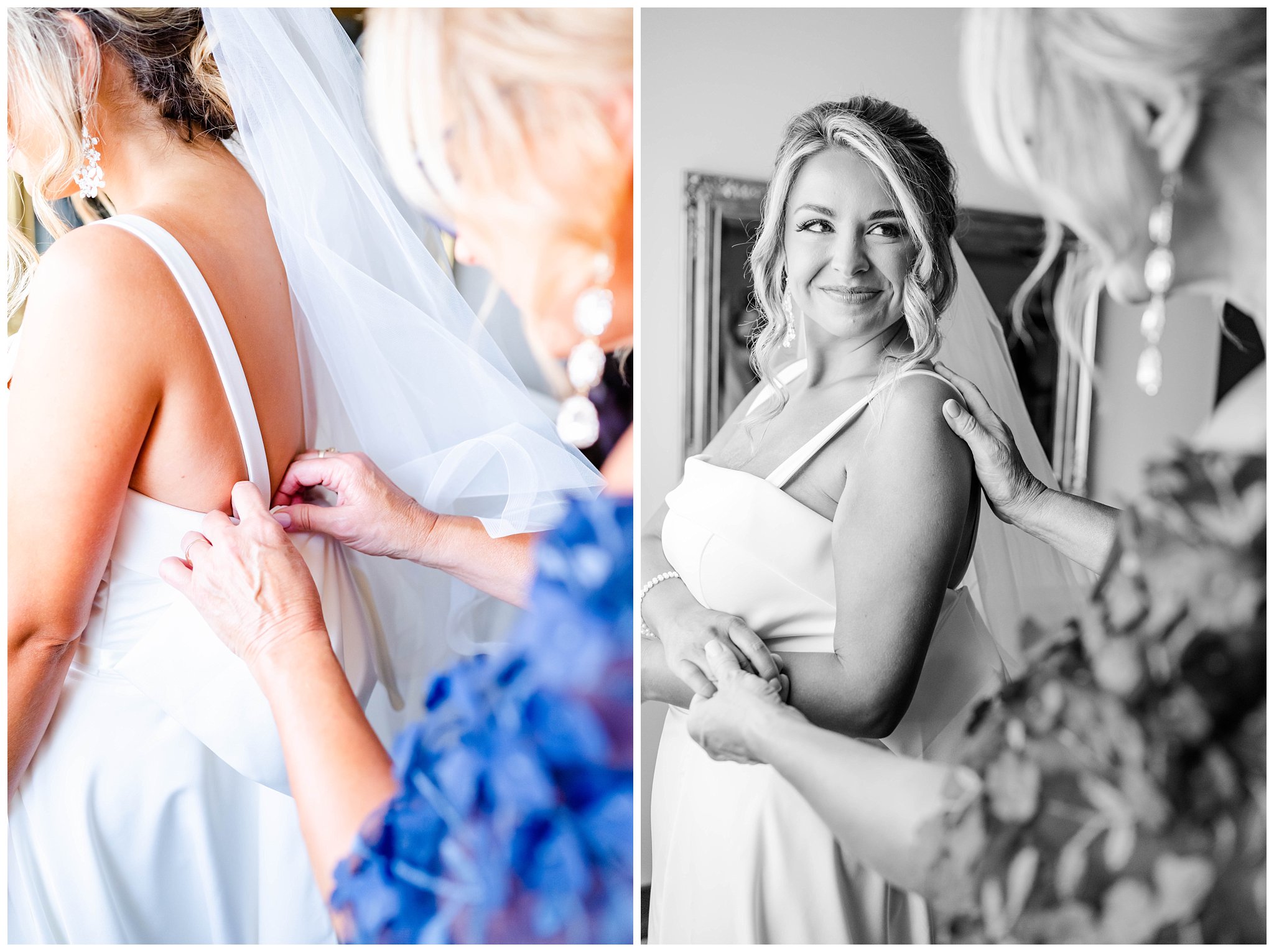 bride getting into her dress with her mother for her North Carolina summer wedding