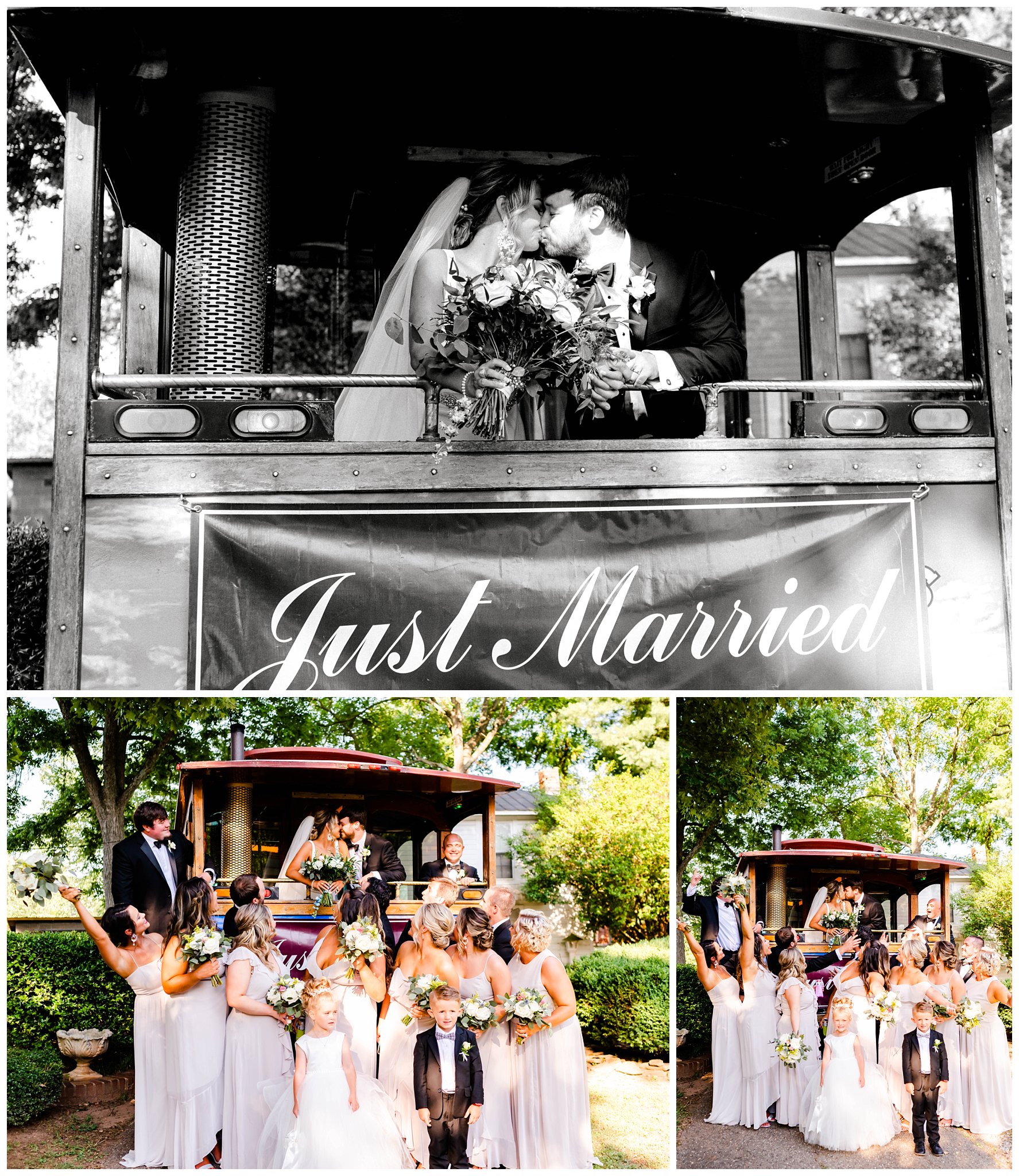 bride and groom on trolley for their North Carolina summer wedding