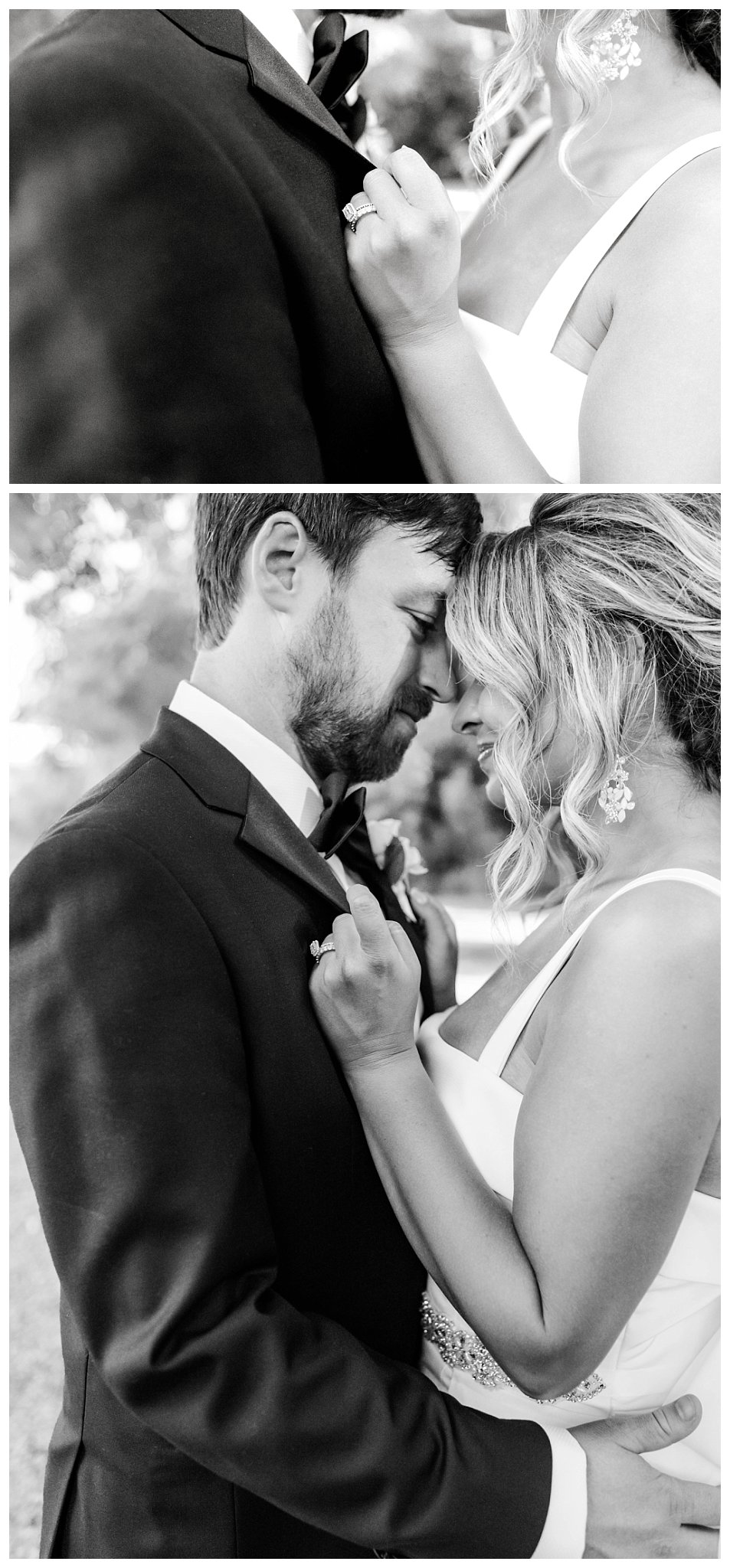 black and white photo of bride and groom posing on their North Carolina summer wedding