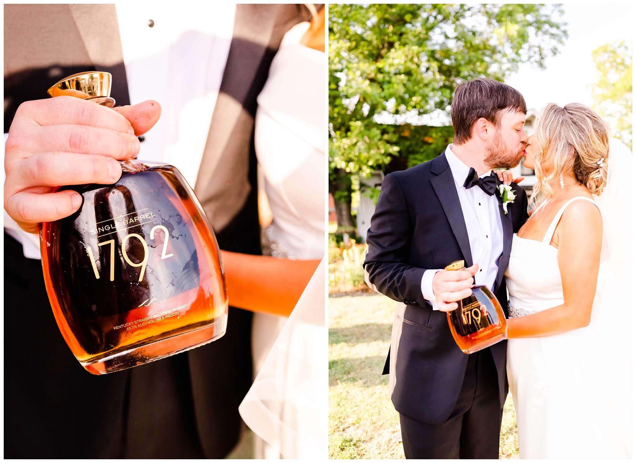 bride and groom hold bottle of bourbon they just dug up for their North Carolina summer wedding