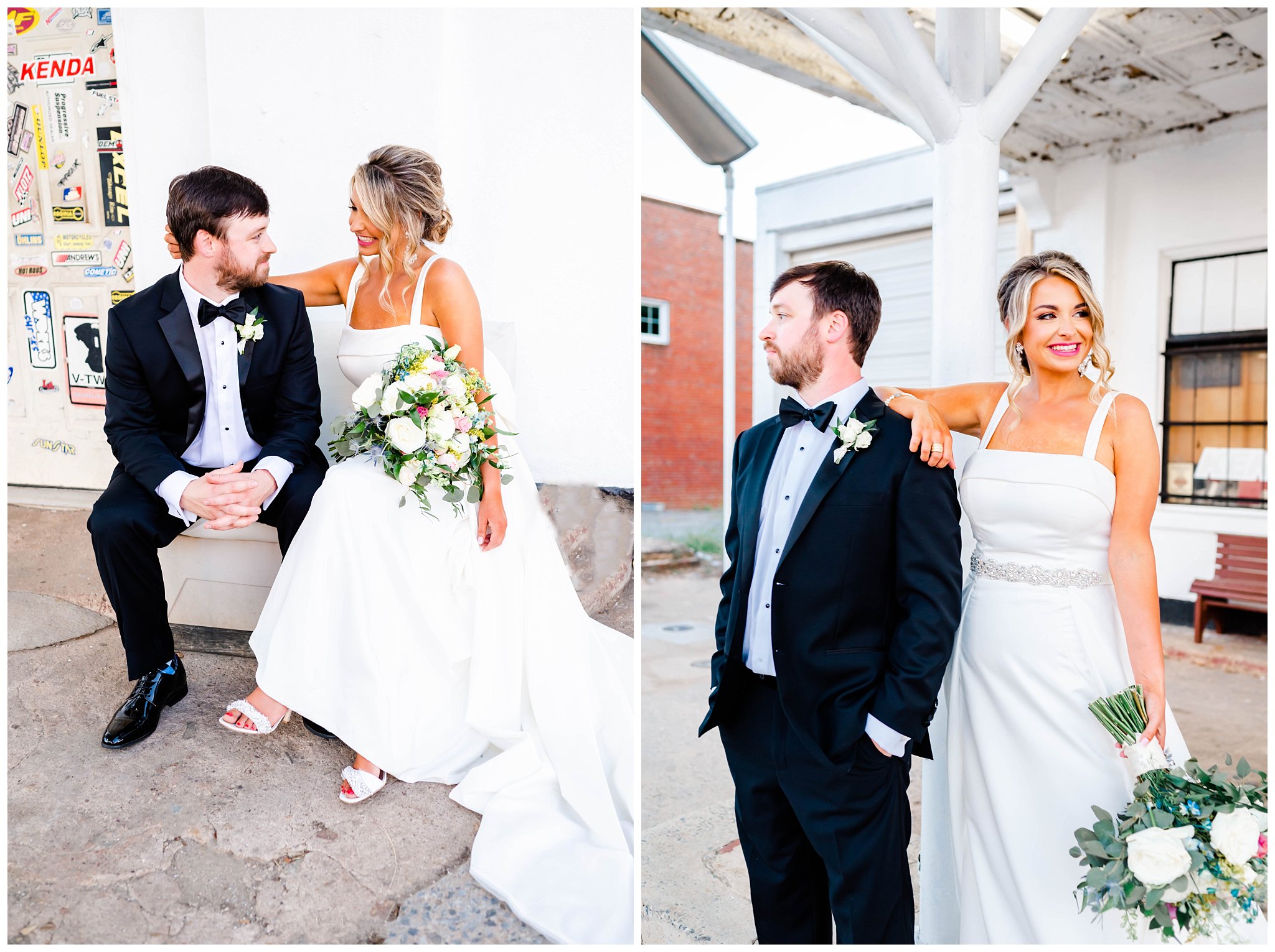 bride and groom posing for outdoor portraits in front rustic gas station for their North Carolina summer wedding