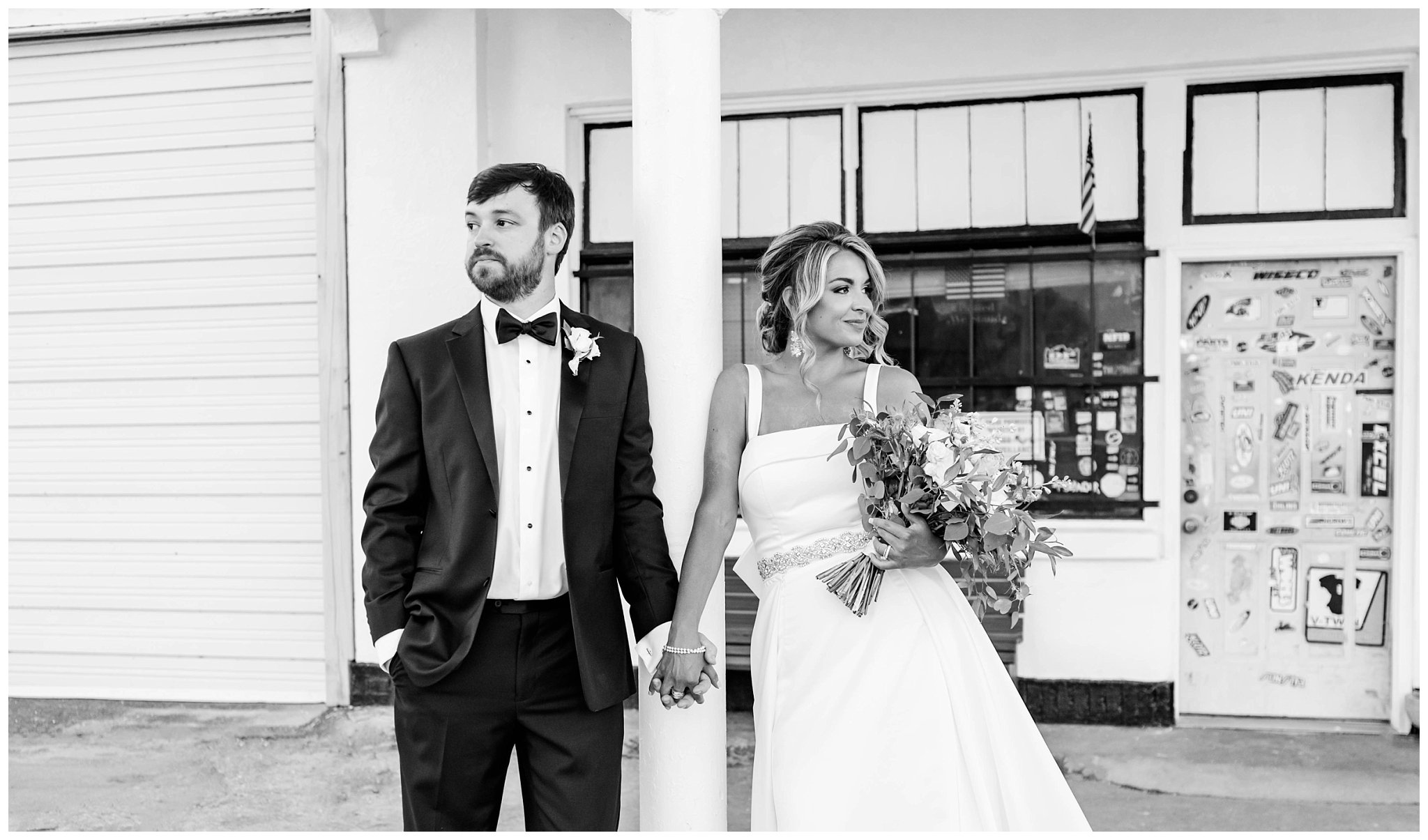 black and white photo of bride of groom at old gas station for their North Carolina summer wedding