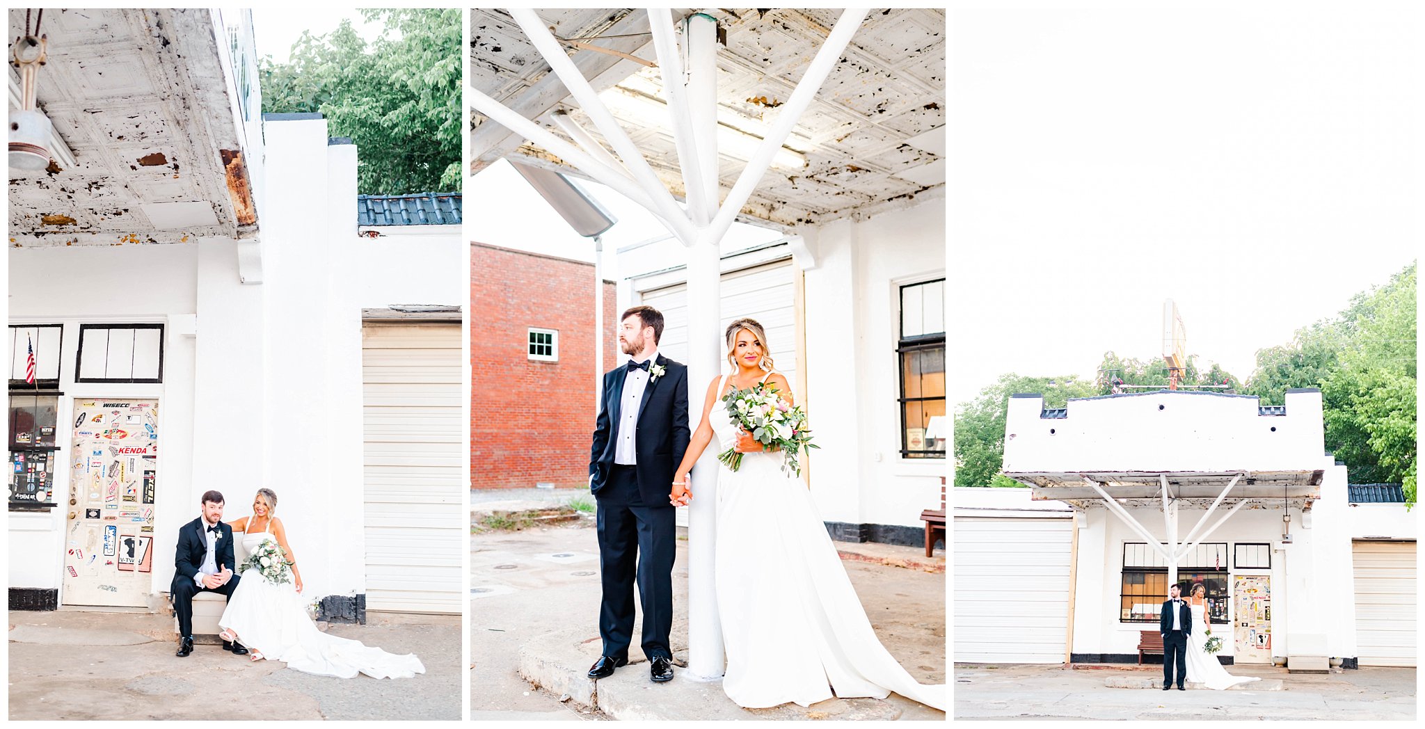 couple posing in front of old gas station for their North Carolina summer wedding