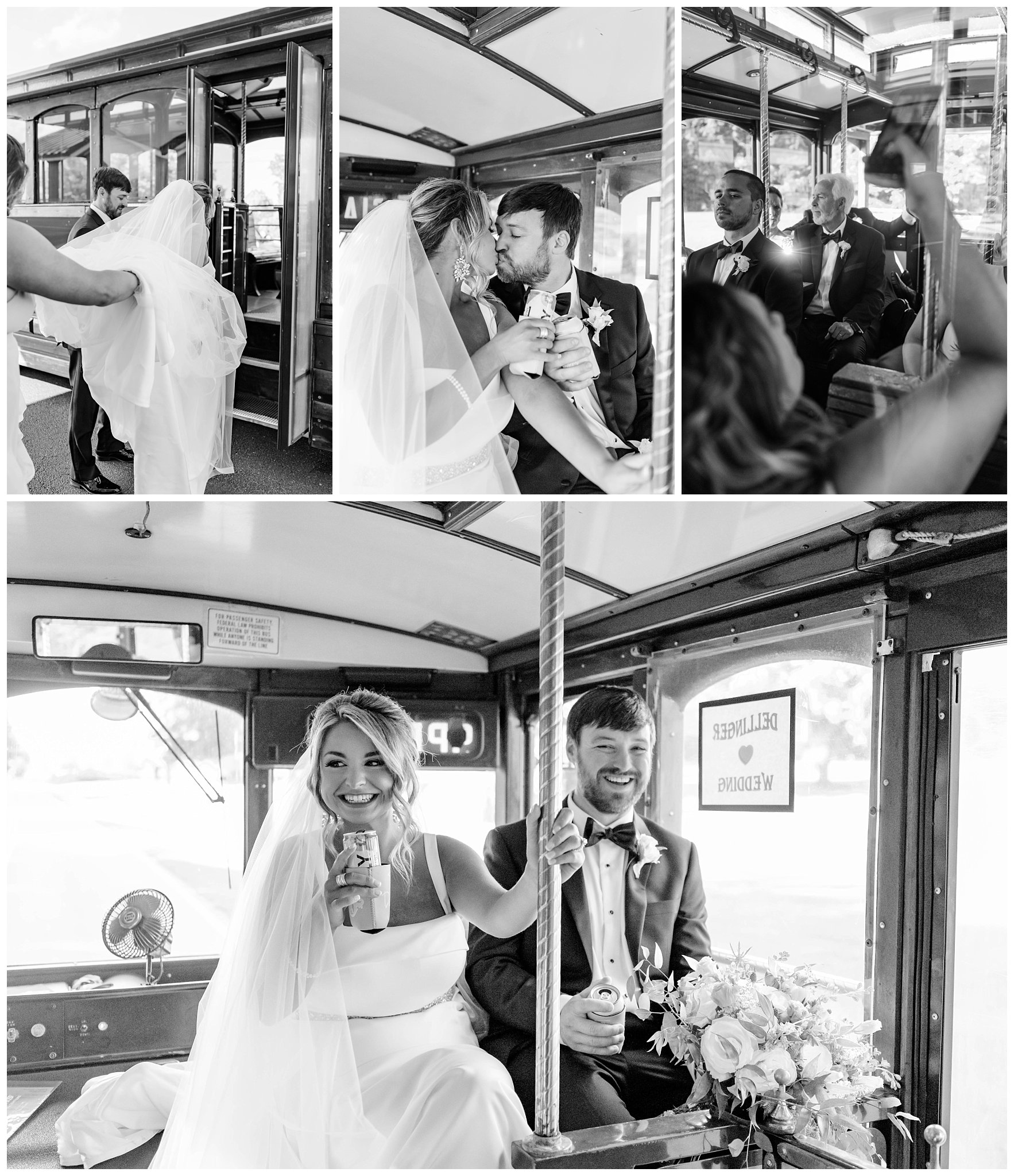 black and white photos of couple on a trolley on their wedding day