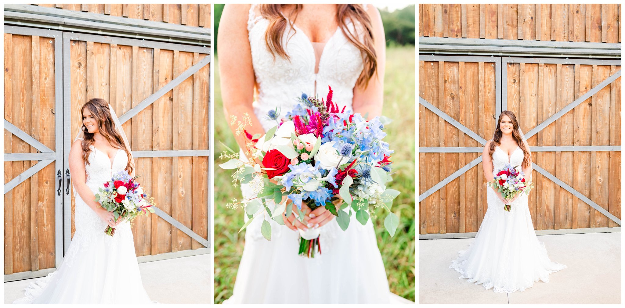 Nicole posing in front of barn with red, white, and blue bouquet for her rustic bridal portraits