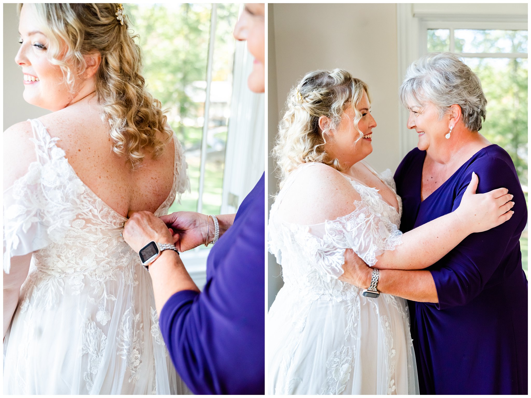 bride gets ready with her mother for equestrian farm wedding
