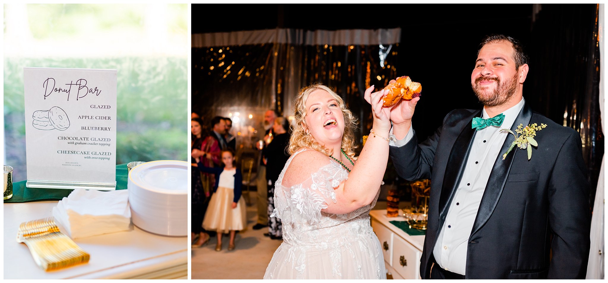 Charlotte wedding photographer captures couple eating a donut at reception
