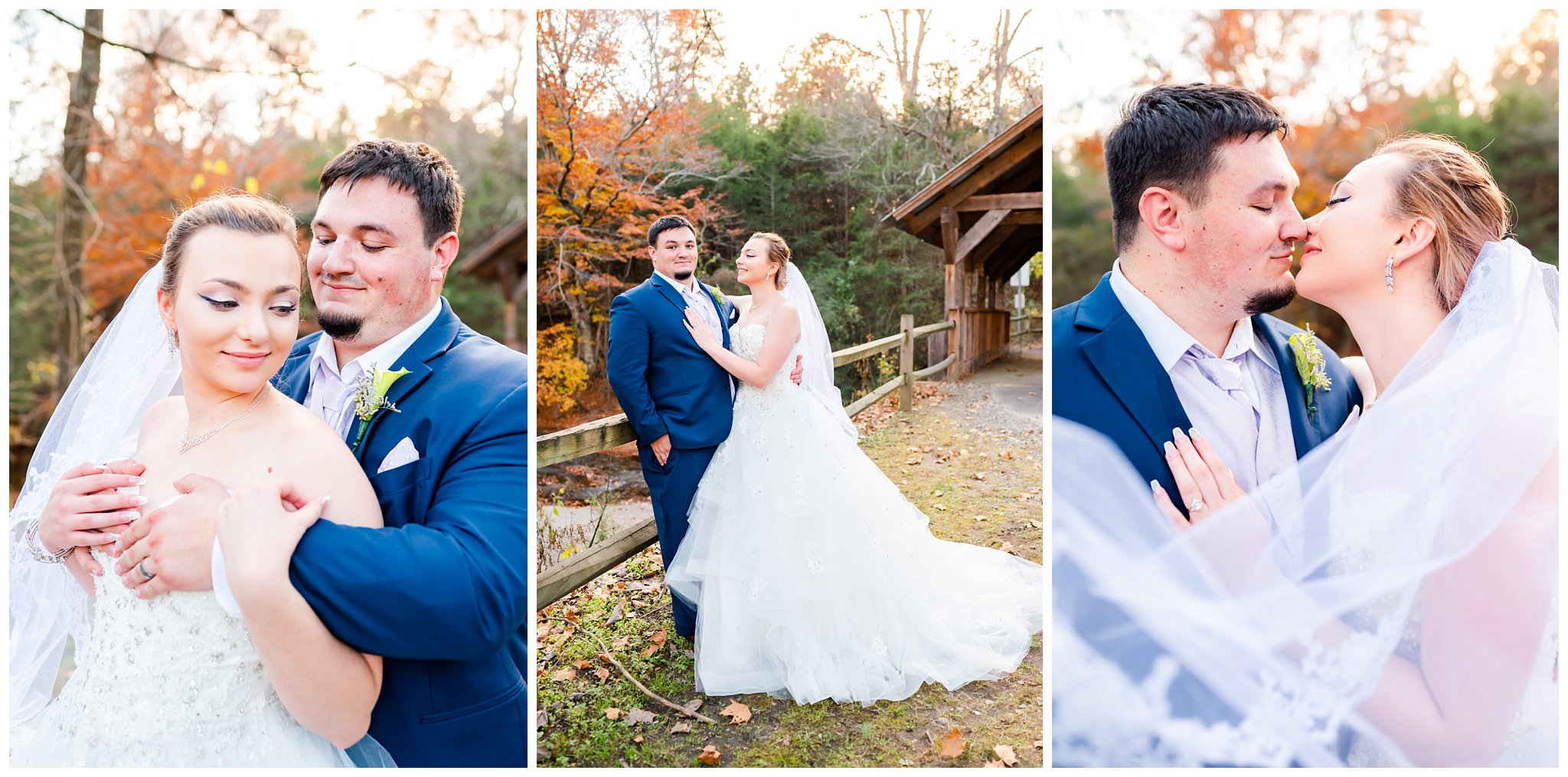bride and groom pose in fall colors for their North Carolina vineyard wedding